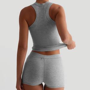 Conjunto de Verano para Mujer al por Mayor de Fábrica, Camiseta sin Mangas de Color Liso Informal, Pantalones Cortos de Cintura Alta, Cintura Elástica, Pijama Sexy, Cuello Redondo, Tejido de Punto - Product Image 3