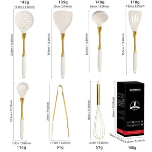White Gold Handle Silicone Kitchen Utensils 8-Piece Set Heat Resistant Non-Stick Cooking Spatula Spoon <b>Tool</b> - Product Image 3