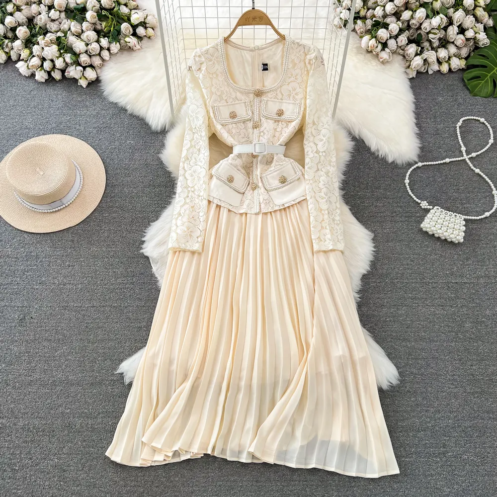 Wholesale 2023 Autumn Temperament Fake Two Piece Long Sleeve Square Neck Lace Spliced Waist A Line Large Fold Women's Dress