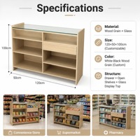 Comptoir d'exposition avec dessus en verre, étagères ouvertes, armoire à grain de bois, tiroirs de rangement, pour magasin de détail, réception, vente en gros