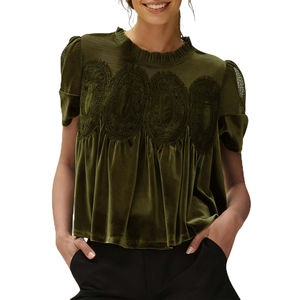 Nouvelle Blouse en Velours et Dentelle pour <span class=keywords><strong>Femme</strong></span> Printemps 2026, Col Rond, Manches Courtes, Coupe Évasée, Haut Élégant et Ample avec Design Intricate au Dos - Product Image 5