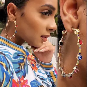 2022 New Arrival Jewelry For Women Shiny Rhinestone Gems Circle Earrings Colorful Rhinestone Statement Big Hoop Earrings