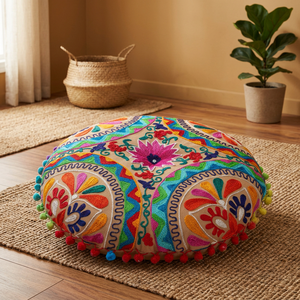 Coussin de méditation rond brodé à la main, best-seller, uni, avec pompons, 100% coton - Product Image 2