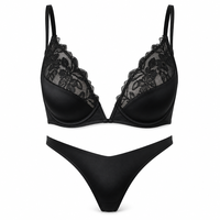 Ensemble soutien-gorge push-up et string en dentelle à décolleté plongeant en obsidienne pour femme, noir, en Spandex/Nylon, avec broderie haute couture et détail taille élégant pour rendez-vous