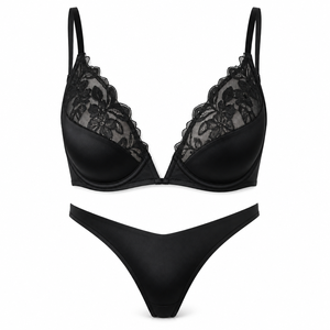 Ensemble soutien-gorge push-up en dentelle à décolleté plongeant et string sans couture en obsidienne pour femme, satin noir à coupe haute, idéal pour les soirées romantiques et les vacances - Product Image 1