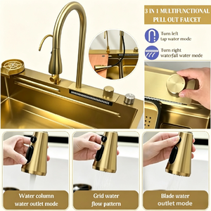 Fregadero de Estación de Trabajo Rectangular OEM de Acero Inoxidable SUS304/SUS201 con Acabado PVD Dorado, Lavavasos Integrado, Tablero de Madera con Múltiples Orificios y Antihuellas, Venta al por Mayor - Product Image 4