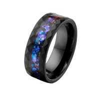 Anillo de Acero Inoxidable Negro Facetado con Incrustaciones de Ópalo Galáctico para Hombre, Regalo de Boda o Aniversario