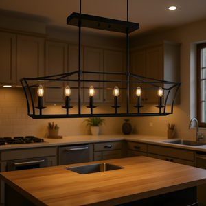 Lustre linéaire en fer noir à 6 lumières, style vintage, pour îlot de cuisine, avec ampoules E12 type bougie, blanc chaud 2700K - Product Image 2