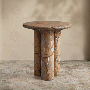Living Room Furniture Round Forest <strong>Green</strong> Brown Marble Side <strong>Table</strong> <strong>Bedside</strong> <strong>Table</strong> with Three Column-Style Legs for Home Hotel Use - Product Image 4