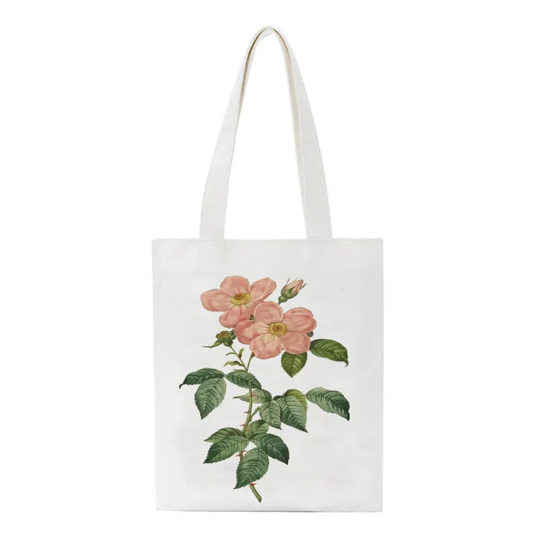 Bitki desen indie tarzı çiçek logo özel pamuk kanvas sepet alışveriş çantası