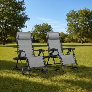 Ensemble de 2 fauteuils inclinables zéro gravité gris pour jardin extérieur avec porte-gobelets, supports pour téléphone et coussins pour la relaxation - Product Image 2