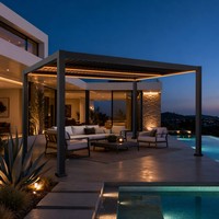 Pergola en aluminium à commande manuelle avec bandes lumineuses LED décoratives, résistante aux intempéries, pavillon de luxe pour terrasse au bord de la piscine