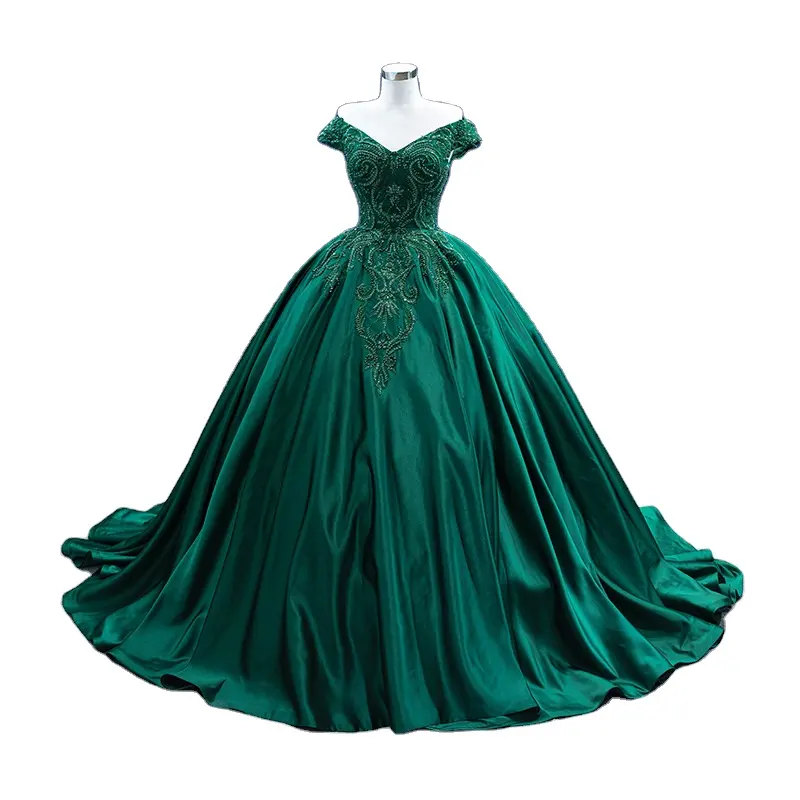 Women's Bridal Princess Off Shoulder V Neck Ball Gown Wedding Dress Luxury Emerald Green Floral Embroidery Crystal Evening Dress