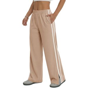 Pantalon large pour femme, taille haute, élastique, fente latérale, décontracté, avec poches, kaki, tissu tricoté respirant - Product Image 1