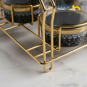 Ensemble de pots de conservation alimentaire en céramique classique, 7 pièces, bocaux en verre, bordure dorée, support en fer, poignée, thé, café, sucre, épices, OEM - Product Image 3