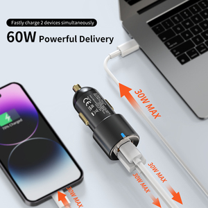 Chargeur de voiture USB C rapide 60W, chargeur allume-cigare à 2 ports à charge rapide compatible avec tablette, iPhone, iPad, automobile - Product Image 3