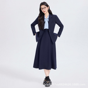 Women's Navy Blue Suit Set Solid Color <b>Wool</b> Blend Workwear Spring Autumn Casual Formal Wear for Office and Interview - Product Image 1