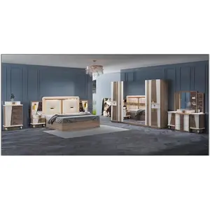 Factory Wholesale 6pcs Home Furniture Modern Design Bedroom Set with Mirror LED light Dresser
