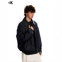 Veste noire pour homme YOFA Custom Factory, col en cuir, ourlet élastique court, style streetwear rétro, vêtement de travail, délavage foncé, vente en gros