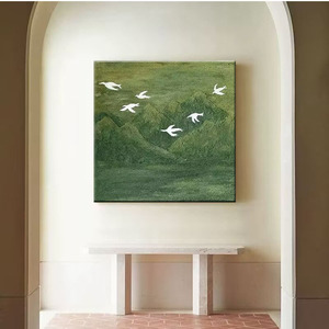 Peinture à l'huile peinte à la main, montagnes vertes, oiseaux en vol, art abstrait 3D en sable de quartz, style chinois, art mural carré pour salon - Product Image 1