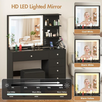 Coiffeuse noire avec station de charge Vanity Desk avec miroir éclairé HD Tiroirs de rangement Cabinet Table de maquillage