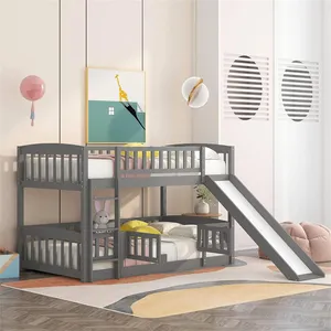 Tempat tidur susun rendah dengan geser, tempat tidur anak laki-laki perempuan remaja, tempat tidur susun ganda untuk anak-anak balita, bingkai lantai kayu dengan rel