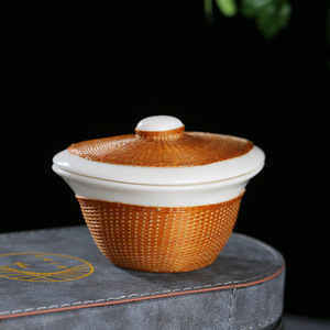 White Porcelain Bamboo Woven <b>Tea</b> <b>Set</b> With Lid Portable Travel <b>Tea</b> Cup Gift Box Included Traditional Chinese Style - Product Image 3