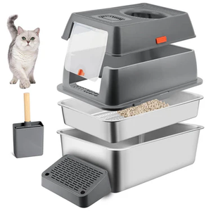 Arenero moderno de acero inoxidable al por mayor, fácil de limpiar, a prueba de óxido, semicerrado, bandeja grande para arena de mascotas, inodoro para gatos de interior. - Product Image 2