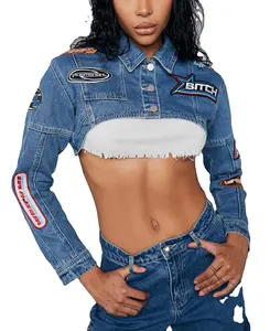 Custom Women Ladies Decorative Embroidered Patches Jean Denim Tops Ultra Cropped Jean Jackets With Patches