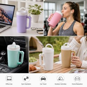 Bouteille d'eau à double paroi en PP de 22 oz et 34 oz avec logo personnalisé, paille, poignée, pour camping, fête, ou comme mug de camionneur - Product Image 2