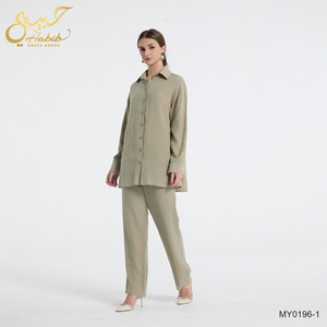 2 Piece Muslim Women Plant-<strong>based</strong> Fabric Tunis Set Lapel Lyocell Shirt &amp; Wide-Leg Pants Casual Modest Islamic <strong>Outfit</strong> - Product Image 5