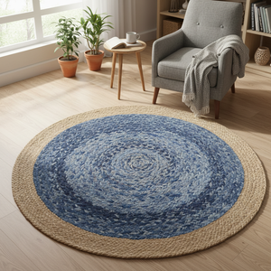 Modern Floral Denim <b>Round</b> Rug with Jute Border Eco-Friendly Anti-Slip Machine Braided Flat Pile <b>Carpet</b> Jute Backing - Product Image 3