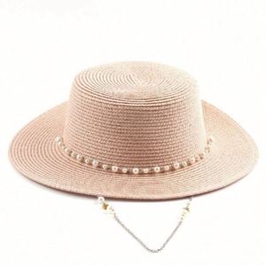 Wholesale Seaside Sunshade Paper Sun Beach <b>Hats</b> <b>Flat</b> Round Top Womens Straw <b>Hats</b> With Pearl Chain - Product Image 4
