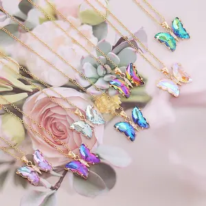 Best Sale 2023 Most Popular Multicolor Glass Charm Luxury Woman Statement Lady Collar Butterfly Pendant Kolye Necklace