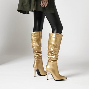 Bottes plissées sexy pour femmes, en cuir doré, à talon aiguille, hauteur genou, pour l'automne - Product Image 2
