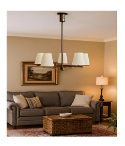 Lustre design moderne du milieu du siècle en laiton à 5 lumières avec abat-jour en tissu, luminaire suspendu pour îlot de cuisine, lampe de plafond - Product Image 1