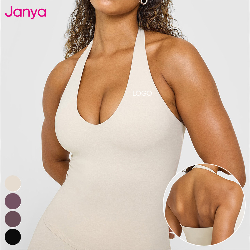 Janya Women's Deep V Neck Breathable Four-Way Stretch Sleeveless Workout Tops Backless Gym Sports Vest Halter Neck Yoga Tank Top