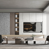 Meuble TV LED Minimaliste Contemporain en MDF Blanc, pour Hall d'Hôtel, avec Rattan Taupe et Acacia Doré