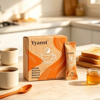 Café instantané naturel à base de plantes 10g*10 sachets, boîte en papier imprimée motif tasse de café courbe orange grain de bois, personnalisable OEM, carton en vrac