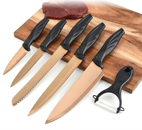 Kingwise Nouveauté Ensemble de 6 couteaux de cuisine professionnels Revêtement antiadhésif Acier inoxydable doré Outils de chef avec boîte cadeau