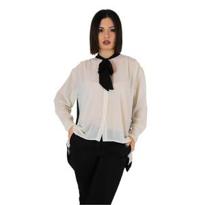 Donna Camicia Beige Nero Long Sleeve <b>Blouse</b> With Black <b>Neck</b> <b>Tie</b> Asymmetric Hem Women's Top - Product Image 2