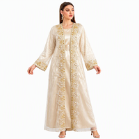 Ensemble de deux pièces kaftan brodé pour femmes, robe longue musulmane à manches longues, abaya dorée avec perles, pour l'Aïd, le Ramadan, l'hiver, en polyester, vente en gros