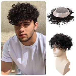 100% tóc con người 20mm xoăn Mono ren PU dệt toupee cho nam giới màu đen của nam giới thay thế hệ thống giả Mens toupee - Product Image 1