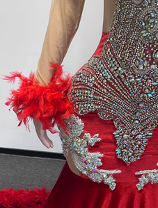 Ocstrade Abito da ballo rosso 2023 su misura con maniche a piuma e strass, elegante vestito da sera lungo da donna - Product Image 3