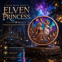Pièce commémorative en cuivre fin 99,9 % de 1 once, avec relief 3D, représentant un elfe et un cerf blanc, motif ciel galactique, bois de cerf doré et forêt de pin, pièce souvenir, cadeau de présentation