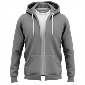 Sweat-shirt gris à capuche zippé pour homme, coupe classique, en coton French Terry, décontracté, pour l'automne, avec poches, tricoté, couleur unie - Product Image 1
