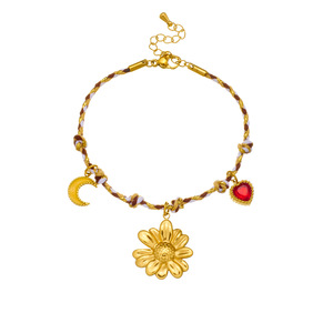 Fashion Charm Bracelet Zinc Alloy Gold Plated Flower Star Moon Bezel Setting Bohemian Style DIY Knotted Rope Jewelry Gift - Product Image 5