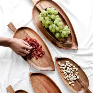 Custom logo jewellery storage trays food-grade brunch plate Acacia wood leaf shaped Dessert fruit wooden dish