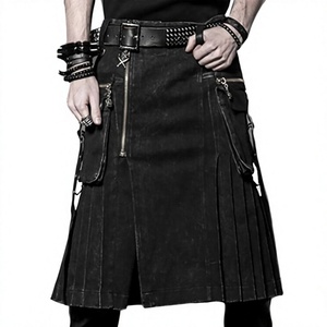 Kilt de mezclilla negro para hombre 2026 con cinturón de piel sintética y bolsillos con cremallera, corte regular, estilo utilitario de algodón - Product Image 1