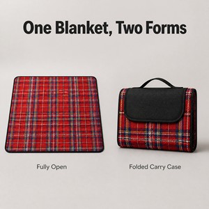 Foldable Red Plaid <b>Picnic</b> <b>Blanket</b> Portable Outdoor Mat Family Size with Carry Bag and Handle for Beach Park - Product Image 3